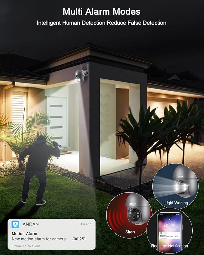 ANRAN 3MP Security Camera Wireless Outdoor, 2K Solar Outdoor Camera with 360° View, Smart Siren, Spotlights, Color Night Vision, PIR Human Detection, Pan Tilt Control, 2-Way Talk, Q01 Grey 2 Packs