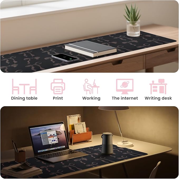 Black Desk Mat Bows, Cute Bow Mouse Pad Desk Matt for Desktop, 31.5 x 11.8” Extra Large Black Laptop Keyboard Computer Mat, Non-Slip Base, Stitched Edge, Girly Office Décor Desk Accessories for Women