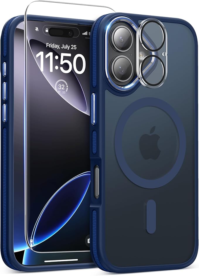 Magnetic 3 in 1 for iPhone 17 Case, [Omni-Directional Protection] with 1x Screen Protector + 1x Camera Cover, [Seamless Work with Magsafe] Translucent Protective Silm Phone Case for iPhone 17 Blue