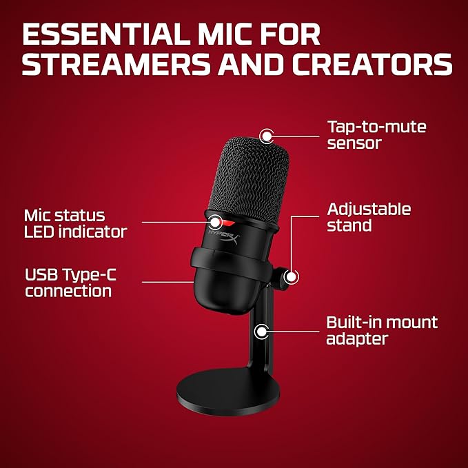 HyperX SoloCast – USB Condenser Gaming Microphone, for PC, PS4, PS5 and Mac, Tap-to-Mute Sensor, Cardioid Polar Pattern, great for Streaming, Podcasts, Twitch, YouTube, Discord,Black