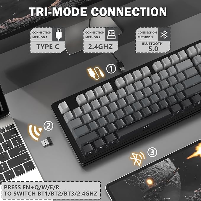 FELICON Attack Shark M87 PRO Wireless Mechanical Gaming Keyboard – 87-Key Tri-Mode (Bluetooth 5.0/2.4Ghz/USB-C), Hot-Swappable Linear Switch, RGB Backlit, 5000mAh Battery – Gray