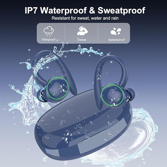 Wireless Earbuds, Bluetooth 5.3 Headphones Sport, Over Ear Buds With ENC Noise Cancelling Mic, 48H, Wireless Earphone With Earhooks, Stereo Deep Bass, IP7 Waterproof Headset for Workout, Deep Blue