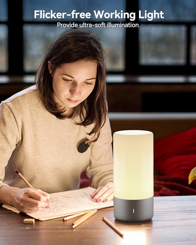 ROOTRO Table Lamp, [Advanced] Bedside Touch Control Lamp for Bedroom 3 Level Dimmable Warm White Lights with 256 RGB Color Mode Modern Deisgn Smart Nightstand Desktop LED Lamps Portable for Read