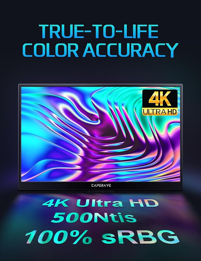 CAPERAVE 17.3" Portable Monitor 4K, 500 Nits 3840 * 2160p 100% Adobe RGB Travel Monitor with Bulit-in Kickstand & Speakers, Portable Computer Monitor, External Monitors for Laptop PC Xbox Switch PS4/5