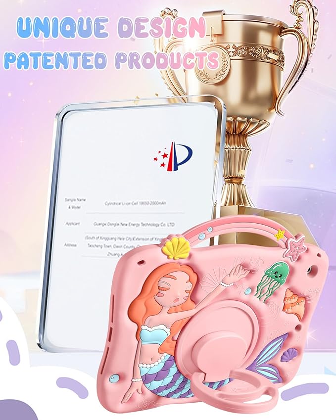 Boaretiu for iPad 9th Generation Case 10.2 Inch - for iPad 7th/8th/9th Gen 3D Cute Cartoon Pk Mermaids Girls Teens Soft Silicone Tablet Cover with Strap & Rotating Stand