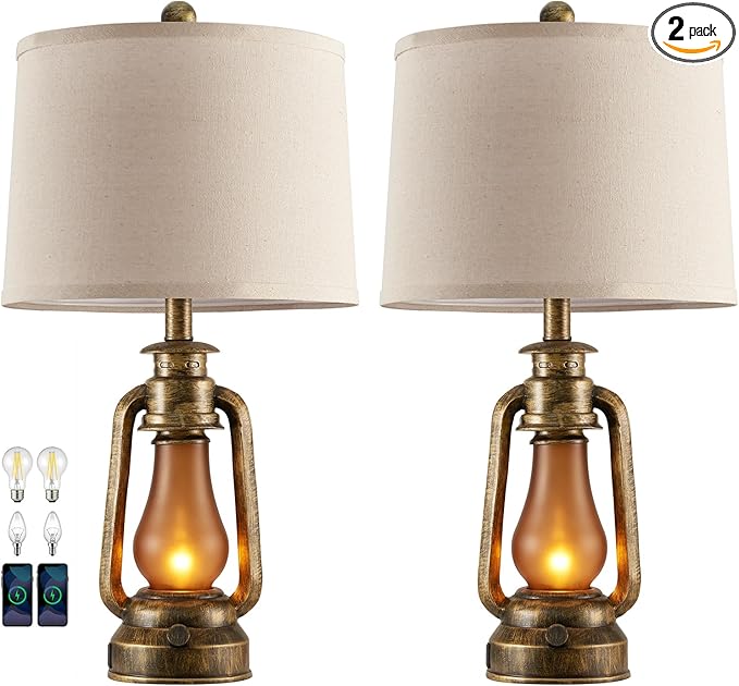 25" Set of 2 Rustic Lantern Table Lamps for Living Room Bedroom, 2 USB Ports Farmhouse Vintage Bedside Desk Lamp Nightlight for Entryway Office End Table, 4 Bulbs Included