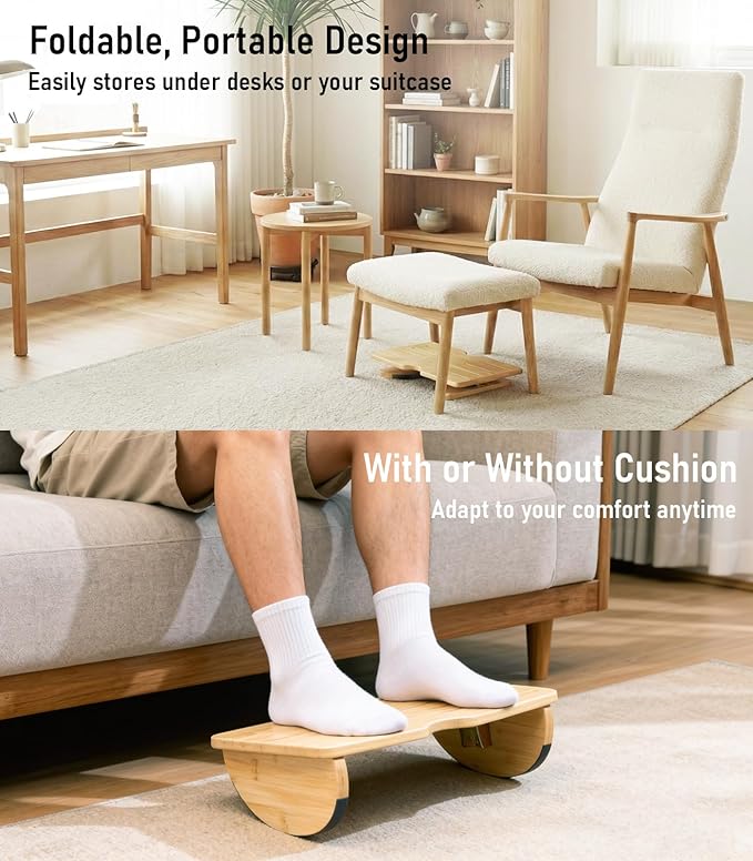 Bamboo Under Desk Foot Rest with Washable Cushion,Foldable Ergonomic Foot Stool,Rocking Footrest for Under Office Desk, Desk Leg Rest for Home Office (Natural Color)