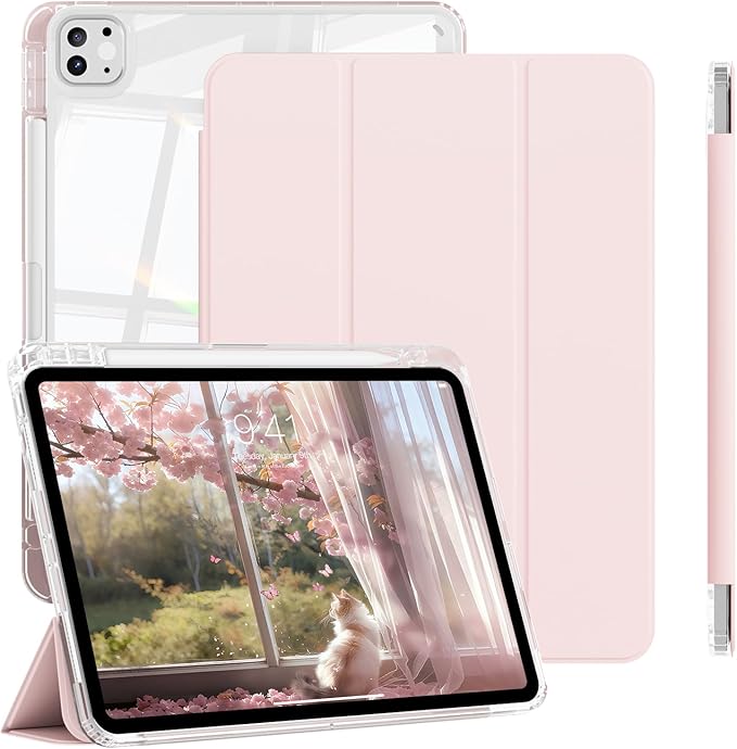 Case for iPad Pro 11 Inch 4th 2022, Pro 3rd/ 2nd Generation 2021/2020 with Pencil Holder, Shockproof Slim Cover with Clear Hard PC Back Shell for iPad Pro 2022/2021/2020, Auto Sleep/Wake, Pink