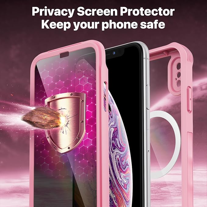 CENHUFO Magnetic Privacy for iPhone X Case/iPhone Xs Case, Full Body Phone Case Built-in 9H Tempered Glass Privacy Screen Protector [Compatible with Magsafe] Shockproof Bumper Clear Cover - Pink