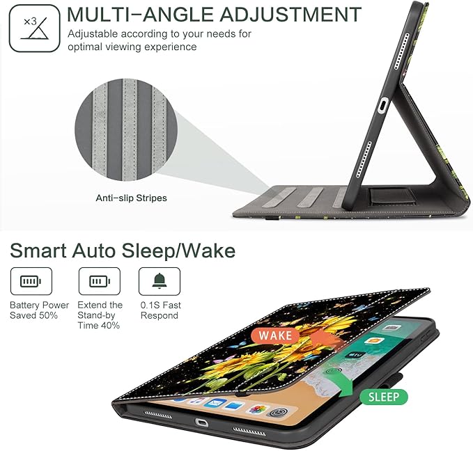 for iPad (A16) 11Th/10Th Generation Case 2025/2022, for iPad Case 11Th/10Th Generation, 10Th/11Th Gen iPadCase Cover Pencil Holder/Hand Strap/Pocket/Adjustable Stand, Butterfly Sunflower