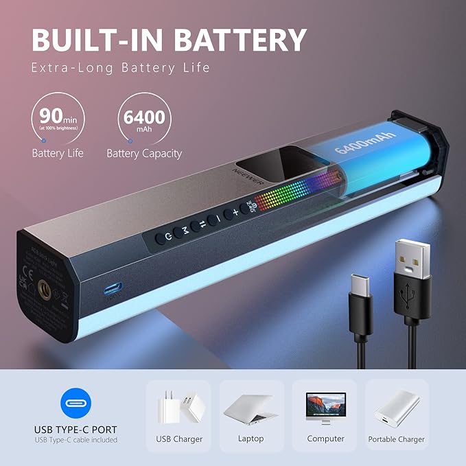NEEWER RGB LED Video Light Stick, Touch Bar & APP Control, Magnetic Handheld Photography Lighting Wand, Dimmable 3200K~5600K CRI98+ Full Color LED Light with 6400mAh Battery, 17 Scenes, RGB1