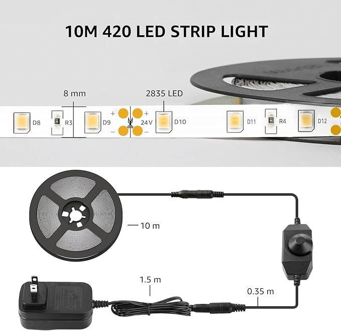 Lepro LED Strip Light, 32.8Ft Dimmable Vanity Lights, 6000K Super Bright LED Tape Lights, 600 LEDs SMD 2835, Strong 3M Adhesive, Suitable for Home, Kitchen, Under Cabinet, Bedroom, Daylight White