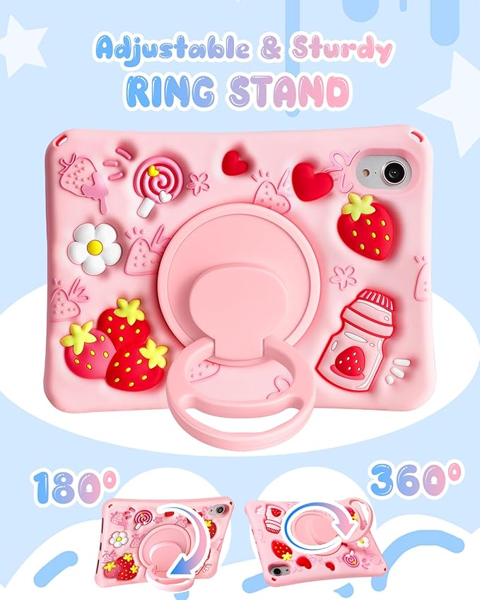 Boaretiu for iPad mini 7 A17 Pro Case for iPad mini 7th/6th Generation - Soft Silicone Cute Cartoon with Shoulder Strap & Rotating Stand Kawaii for Women Girls Girly Kid Teens Cover, Strawberry