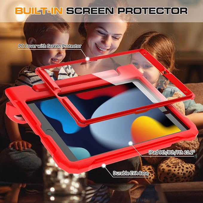 Kids Case for iPad 9th/8th/7th Generation 10.2 Inch 2021/2020/2019, Case for iPad Air 3rd Gen/Pro 10.5 Inch, Durable Shockproof Cover with Screen Protector for iPad 10.2 & 10.5, Red