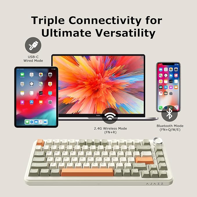 AK820 Max Tri-Mode Mechanical Keyboard, 2.4G Wireless/Bluetooth/USB-C, 75% 82Key Compact Layout, 8000mAh Battery, Hot-Swappable Gasket Mount, PBT Keycaps, RGB Backlit, Metal Knob (Fish Switch, Grey)
