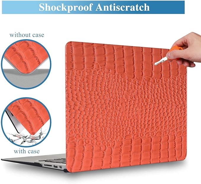 Compatible with Crocodile MacBook Air 13 inch Case 2021 2020 2019 2018 M1 A2337 A2179 A1932, Textured Elegant Luxury Aligator Skin Snakeskin PU Leather Hard Shell & Keyboard Cover, Orange