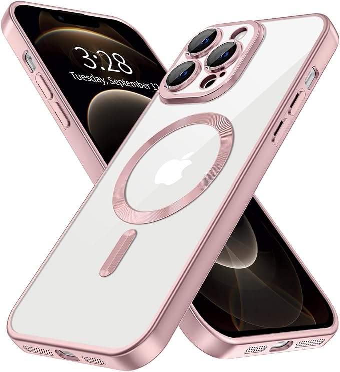 Hython Magnetic Clear for iPhone 12 Pro Case with Camera Lens Protector [Compatible with MagSafe] Luxury Plating Edge Slim Soft TPU Cover Protective Phone Case for iPhone 12 Pro 6.1", Matte Pink
