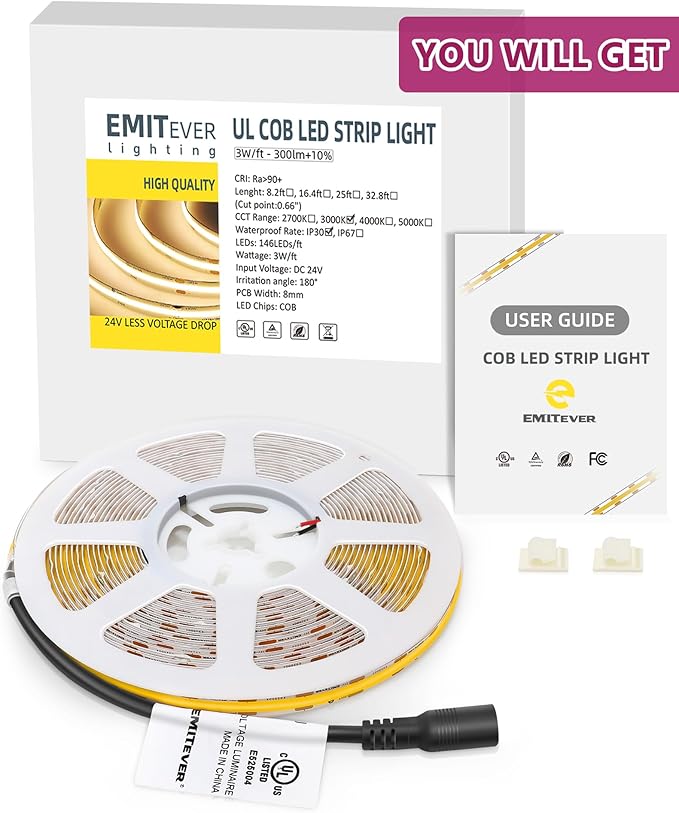 EMITEVER COB LED Strip Lights Warm White, 3000K Tape Light 16.4FT Premium High Density, DC 24V, 300+Lumens/ft,2400LEDs/Spool, Ra 90+, 3W/ft, UL Listed 5 Year Warranty (Power Supply Sold Separately)
