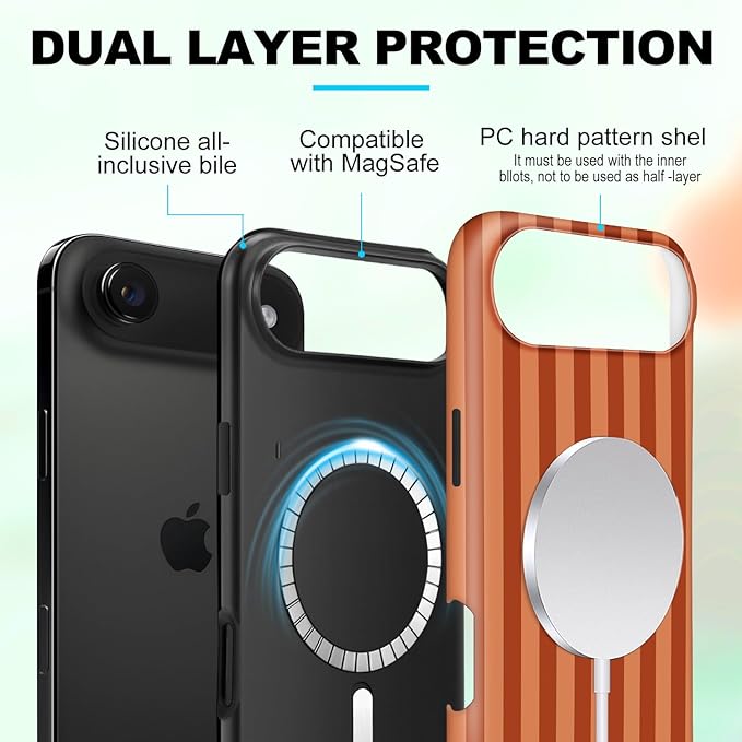 Magnetic for iPhone 17 Air Case Cute Stripes Phone Case, Shockproof Slim TPU and Hard PC Protective Phone Cover Compatible with MagSafe Designed for Women Girls, Deep Brown