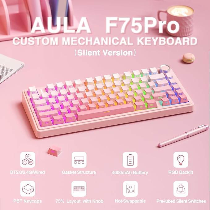 AULA F75 Pro Wireless Mechanical Keyboard Silent Version,75% Hot Swappable Custom Keyboard with Knob,RGB Backlit,Pre-lubed Switches,Side Printed PBT Keycaps,2.4GHz/USB-C/BT5.0 PC Gaming Keyboards,Pink