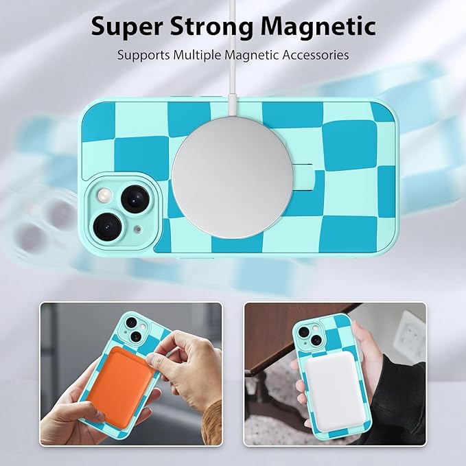 KANGHAR Compatible with iPhone 15 Case, Support for MagSafe, Silicone Checkered Cute Pattern, Wristband Kickstand Camera Protection Soft Slim Cover for Girls Women -Blue