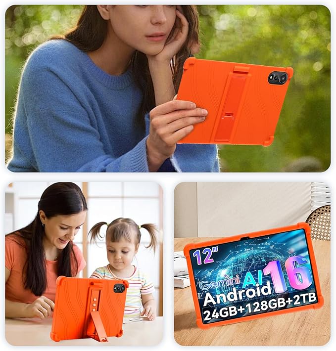 for Nexall N90 Tablet Case 12Inch, Shockproof Four Corner Airbag Protection,Soft Silicone Edge Cover with Built-in Stand,Heavy Duty Protective Sleeve for Nexall N90,Orange