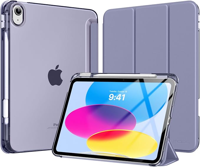 MoKo for iPad Air 11 inch Case (M4/M3/M2) 2026/2025/2024, iPad Air 5th/4th Gen 10.9 inch Case 2022/2020 with Pencil Holder, Slim Light Trifold Cover with Hard PC Translucent Back Shell, Grey Purple