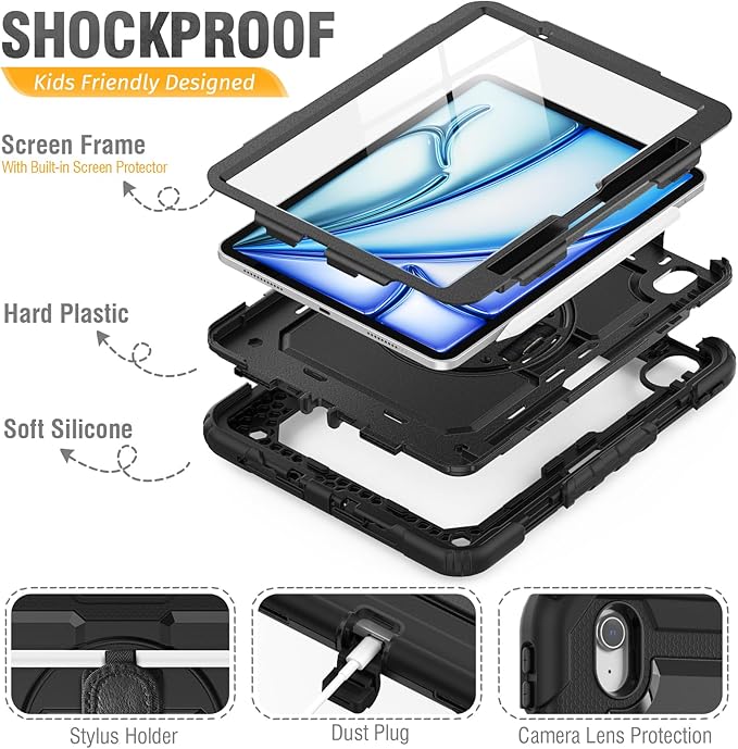 HXCASEAC Rugged Case for iPad Air 11 inch M4 M3 M2 (2026 2025 2024), Heavy Duty Protective Design with Pencil Holder, Screen Protector, Rotating Stand, Hand Strap, for iPad Air 11 Hard Case (Black)