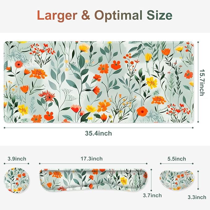 Large Gaming Mouse Pad Set, 4 in 1 Ergonomics Keyboard Desk Mat Memory Foam Wrist Rest, Computer PC Extended Game Mousepad, Non-Slip Desk Matt Easy Typing Pain Relief I Blooming Orange Florals