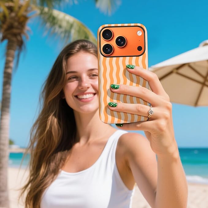 Magnetic for iPhone 17 Pro Max Case Cute Wavy Stripes Phone Case, Shockproof Slim TPU and Hard PC Protective Phone Cover Compatible with MagSafe Designed for Women Girls, Orange