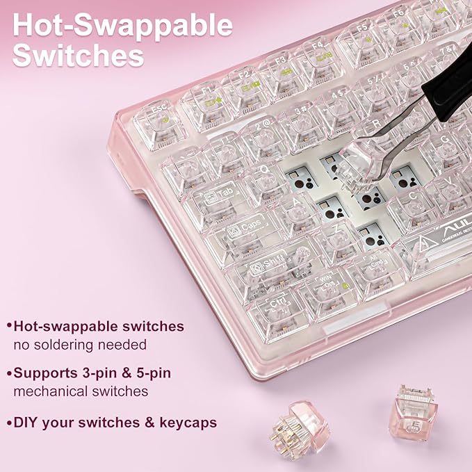 F98 Pro 95% Hot-Swappable Mechanical Keyboard – Transparent Keycaps, RGB Backlit Gaming Keyboard, Tri-Mode BT5.0/2.4G/USB-C, OLED Display, 4000mAh Battery, Pink
