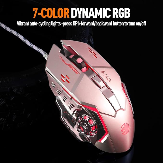 Guiheng Wired Gaming Mouse, Optical USB Mice for Laptop/Desktop, 1200 to 3600 and RGB Light, Ergonomic with 6 Programmable Buttons for Computer Windows 7/8/10/XP Vista Linux Chromebook PC(Pink)