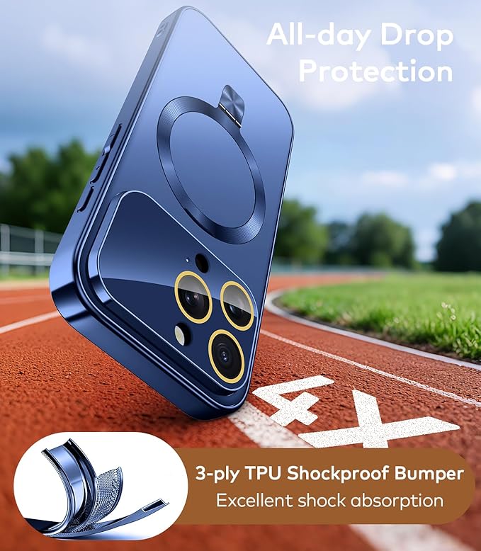 TOBOVON Magnetic for iPhone 16 Pro Max Case with Ring Stand, Fits MagSafe, with Built-in Camera Lens Protector, Slim Electroplated Shockproof Phone Cover, Blue