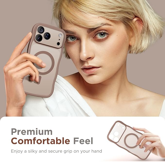 CAPRARO Magnetic for iPhone 17 Pro Max Case for Women Girls, Upgraded [Full Camera Protection] [Compatible with MagSafe] Cute Wave Translucent Matte Phone Case for iPhone 17 Pro Max, Clear Brown