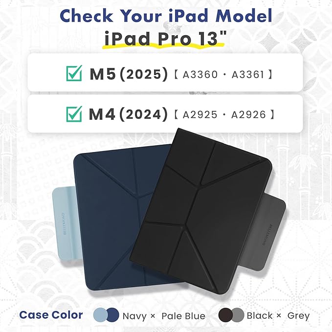 BELLEMOND iPad Pro 13" Case M5 2025 / M4 2024 | Origami Folio Stand | 6-Mode Foldable, Magnetic Detachable Cover | Mamoru Ori Case | Navy & Pale Blue