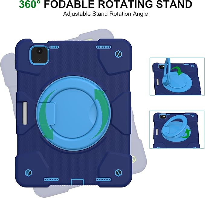 Andnary Case for iPad Air 11 inch Case M4/M3/M2 (2026/2025/2024), Heavy Duty Shockproof Cover with Screen Protector, 360° Rotating Stand, Pencil Holder, Shoulder Strap (Navy+Blue)