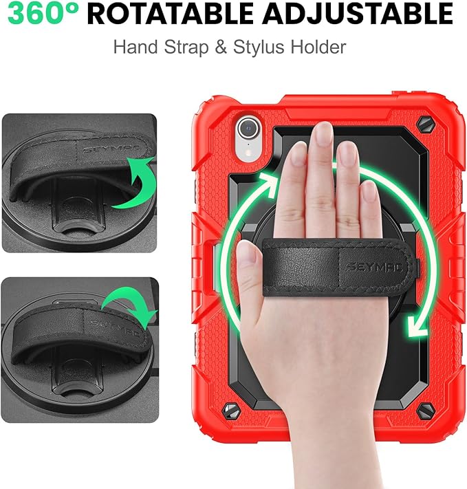 SEYMAC Kids Case for iPad mini 7 (A17 Pro) 2024/ Mini 6 8.3″, Full-Body Shockproof Protective Case with Screen Protector, Rotating Stand, Hand/Shoulder Strap for iPad mini 7th/ 6th Generation, Red