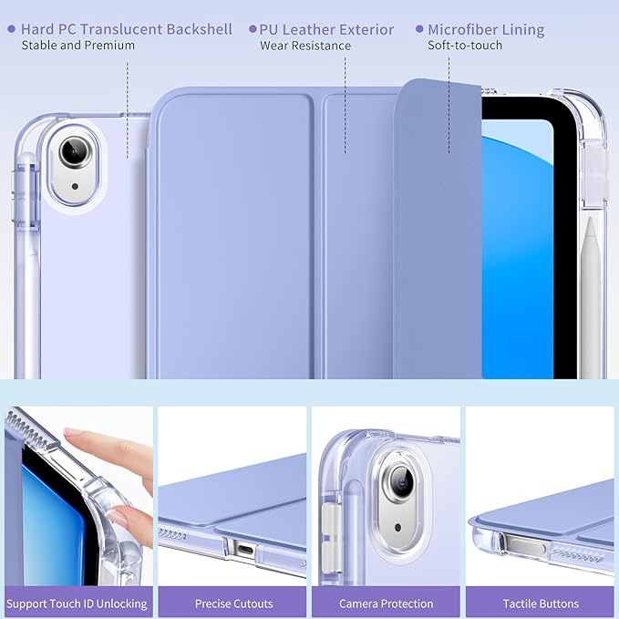 MoKo for iPad Air 11 inch Case (M4/M3/M2) 2026/2025/2024, iPad Air 5th/4th Gen 10.9 inch Case 2022/2020 with Pencil Holder, Slim Trifold Cover with Hard PC Translucent Back Shell, Lavender Purple