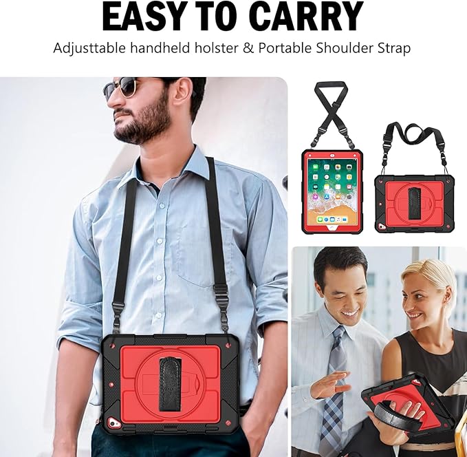 BMOUO Case for iPad 6th/5th Generation Case (9.7 inch, 2018/2017), 360°Rotating Stand, Hand/Shoulder Strap Shockproof iPad 9.7” Case for iPad Air 2, Black and Red