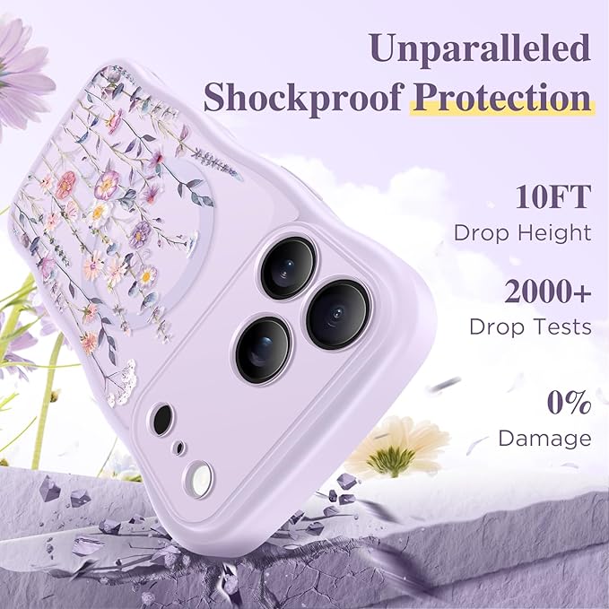 GVIEWIN for iPhone 17 Pro Case Compatible with MagSafe [Curly Wave Edge][Full Camera Protection] Floral Translucent Shockproof Magnetic Women Phone Case for iPhone 17 Pro 6.3'', Floratopia/Purple