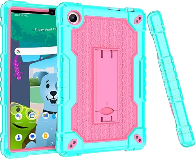 Case for for AT&T Amigo Jr. Tab 8 inch Tablet 9136K - [Built-in Kickstand] Anti Slip Kids Friendly Shockproof Silicone Protective Cover (Green/Pink)