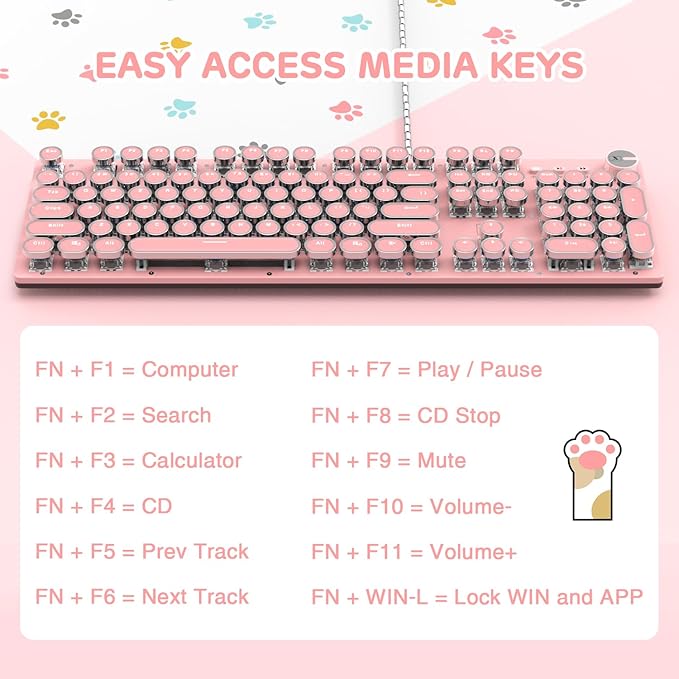 Typewriter Style Retro Wired Mechanical Gaming Keyboard, Vintage Steampunk with White LED Backlit, 104-Key Anti-Ghosting Blue Switch Cute Keyboard, Round Keycaps Knob Control for PC/Win/Mac/Laptop