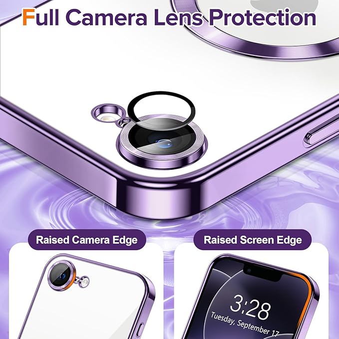 Hython Magnetic Clear for iPhone 17e Case with Camera Lens Protector [Compatible with MagSafe] Luxury Plating Edge Slim Soft TPU Cover Protective Phone Case for iPhone 17e 6.1", Deep Purple