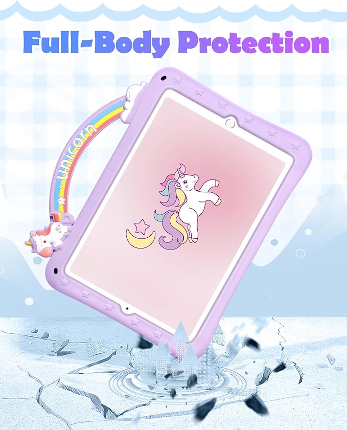 Wazzasoft iPad Case for 6th/5th Generation (2018/2017), Air 1st/2nd Gen, Pro 9.7 (2016) - Girls Cute Cartoon Girly Kawaii Design Silicone Cover With Rotating Stand & Strap