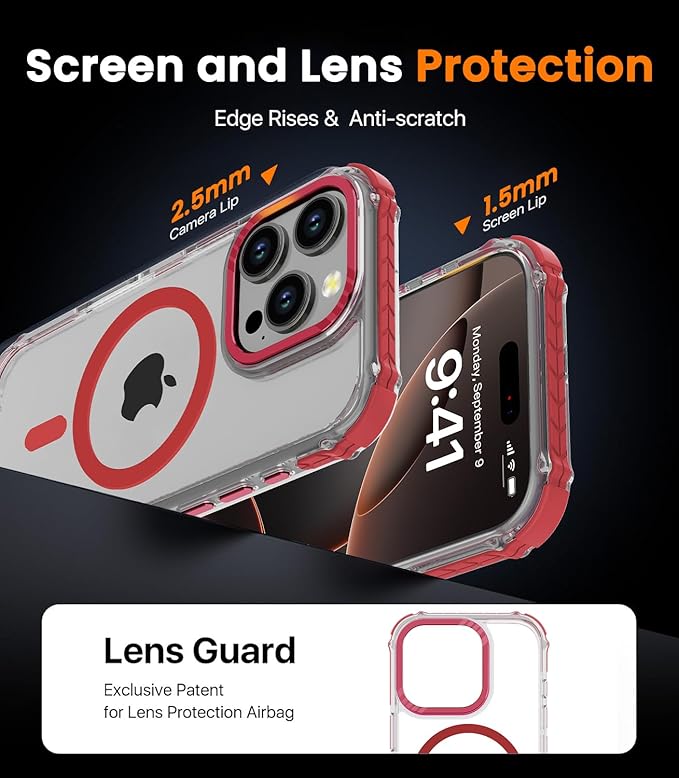 DEERLAMN Strong Magnetic Case for iPhone 16 Pro 6.3-Inch,[Compatible with Magsafe] Clear Slim Shockproof Protective Phone Cover for Women Men-Transparent+Red