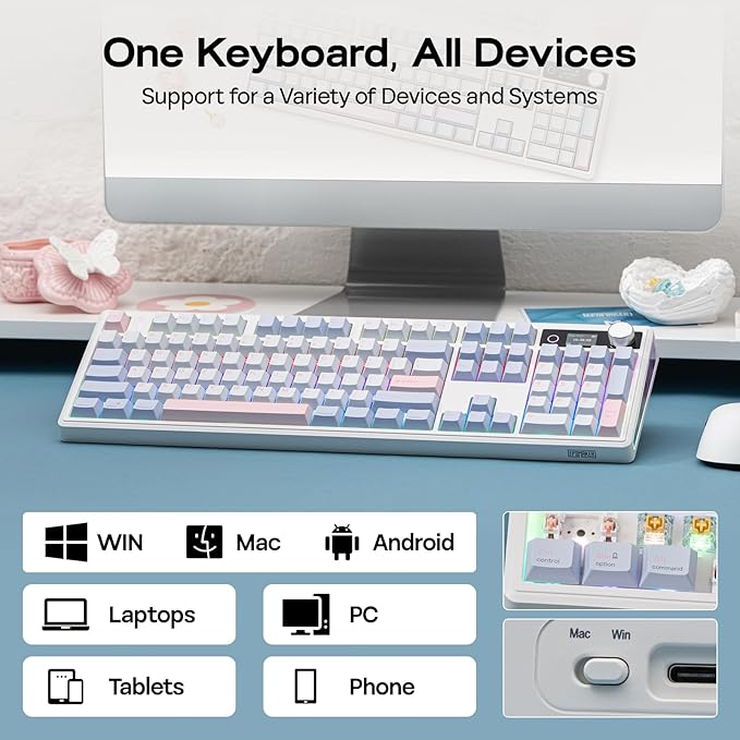 EPOMAKER TH108 V2 PRO Full Size Mechanical Keyboard with Screen&Knob, 10000mAh, BT/2.4Ghz, Mac Modifier PBT Keycap, Hot Swap, RGB, Gasket, Wireless Gaming Keyboard for Mac/PC (Blue, Sea Salt Silent)