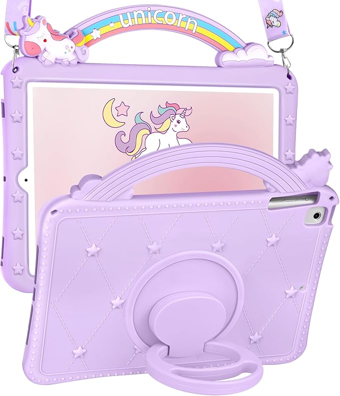 Wazzasoft iPad Case for 6th/5th Generation (2018/2017), Air 1st/2nd Gen, Pro 9.7 (2016) - Girls Cute Cartoon Girly Kawaii Design Silicone Cover With Rotating Stand & Strap