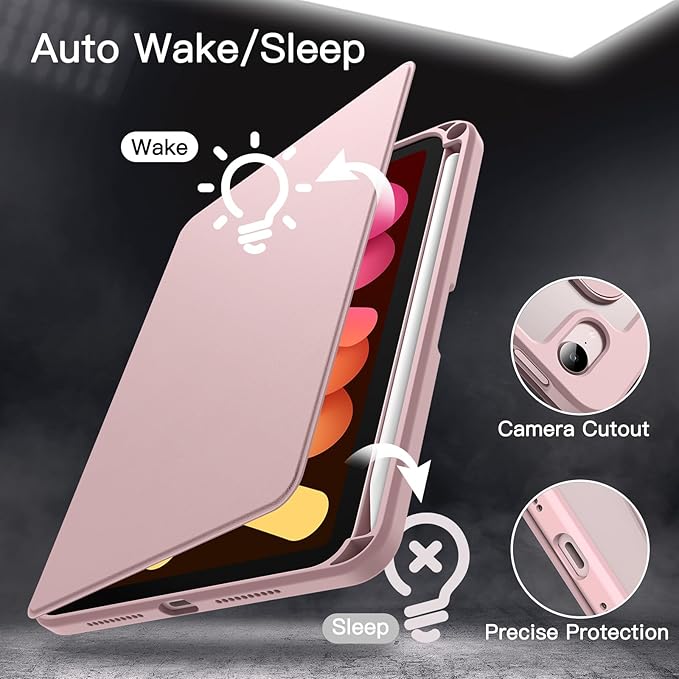 JETech Rotating Case for iPad mini (A17 Pro, 2024 Model, 7th Generation) / mini 6 (2021 Model, 6th Generation) with Pencil Holder, 360 Degree Rotation Protective Stand Cover Clear Back (Pink)