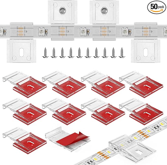 TYMXGHF transparent Strip Light Clips,Self Adhesive with Screws Mounting Holder,50Pcs LED Strong Fixing Clips And Screws For 0.47in/12mm Width IP30/65/ip67 2-6PIN Strip Lights,Fairy String,LED String