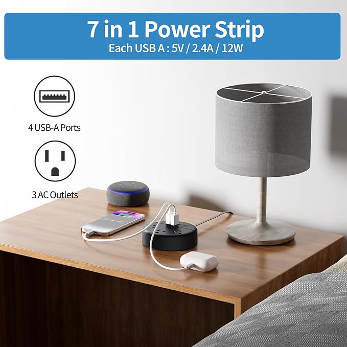 Flat Extension Cord 10 ft, NTONPOWER Ultra Thin Flat Plug Power Strip with 4 USB Ports & 3 Outlets, Wall Mountable, Desktop Power Strip, Compact for Home Office, Travel, Dorm Room Essentials, Black